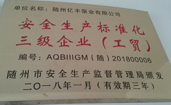 热烈祝贺随州亿丰泵业有限 公司获安全标准化三级企业复审通过